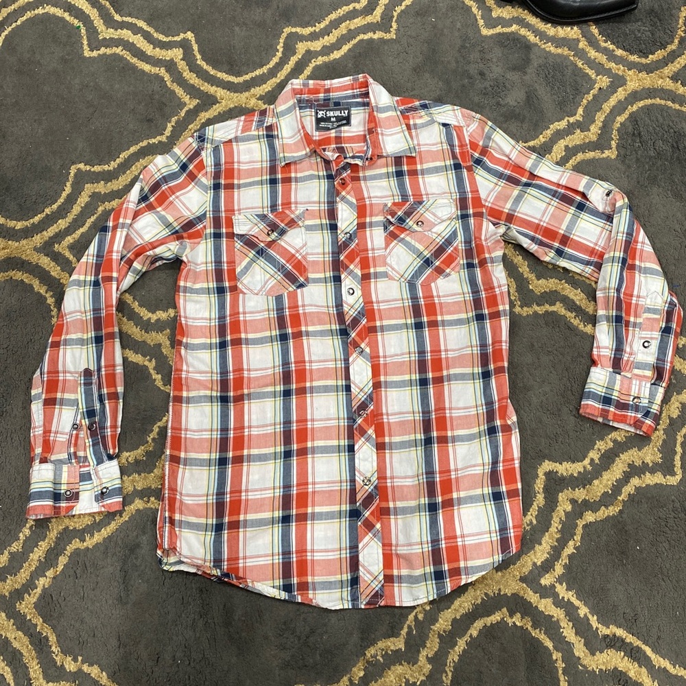 Skully Teal Black White Red Plaid Western Snap Button Down Shirt M